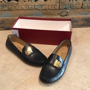 Salvatore Ferragamo Black Suede Leather Griotte Driving Loafer Gold Buckle